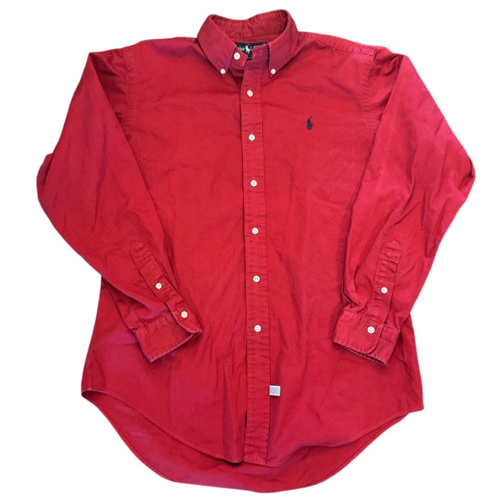 Vintage Ralph Lauren Mens Red Cotton Button Down Shirt Long Sleeve Pony Logo M